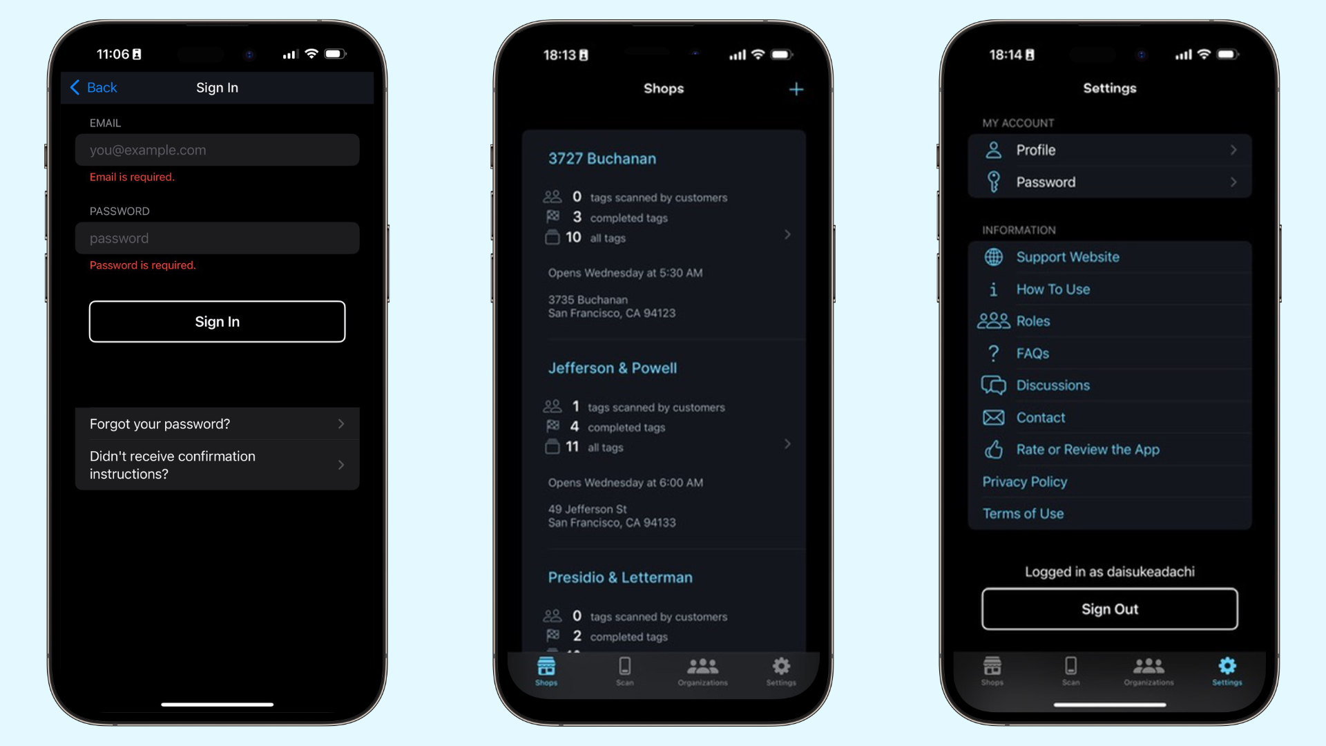 Screenshot showing Sign in screen, Shops screen and Settings screen