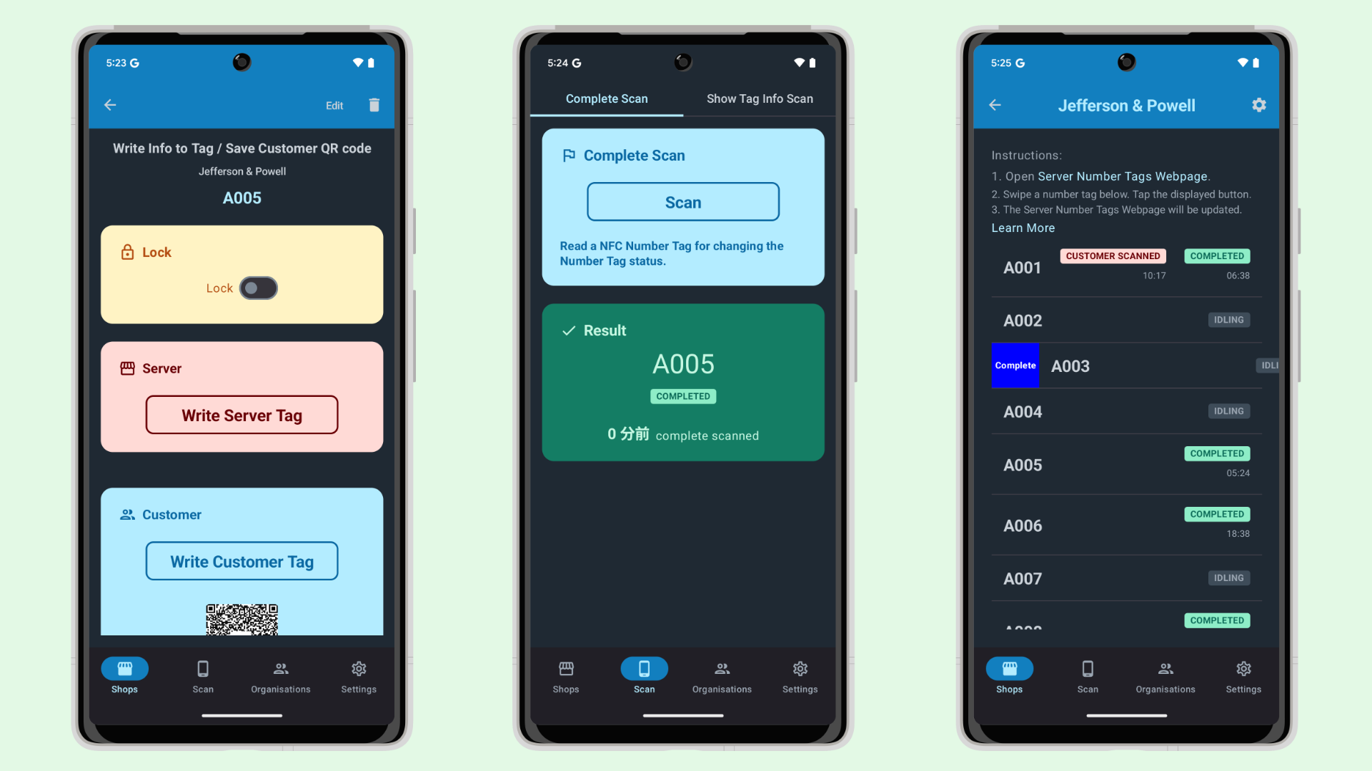 Screenshot showing Write Application Info to Tag screen, Scan Tag screen, and Shop Detail screen Screenshot showing Write Application Info to Tag screen, Scan Tag screen, and Shop Detail screen